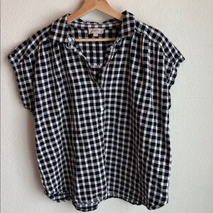 LOFT Gingham Black and White Cap Sleeve Popover Button Blouse XL